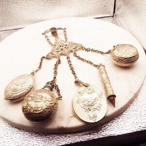 ANT. *RARE* ENGLISH 165 GR STERLING REPOUSSE 5 ITEMS WINDMILL MOTIF CHATELAINE